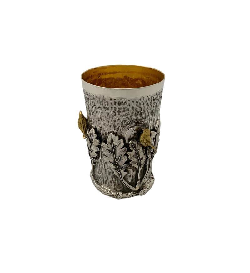 925 STERLING SILVER & GILDED HANDMADE MULTI BIRD & LEAF APPLIQUE TREE CUP & TRAY