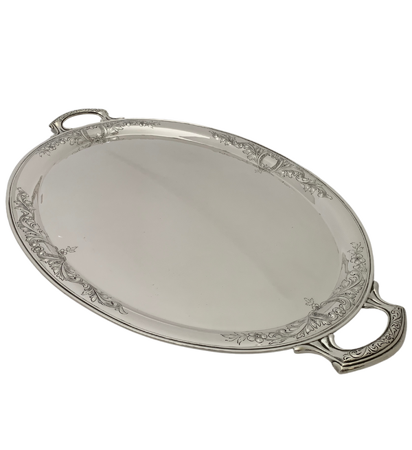 ANTIQUE 925 STERLING SILVER HANDMADE CHASED ORNATE FLORAL 2 HANDLE OVAL TRAY