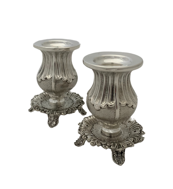 FINE SMALL 925 STERLING SILVER HANDMADE ORNATE MATTE & SHINY CANDLESTICKS