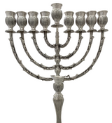 TALL 925 STERLING SILVER HANDMADE CHASED LEAF APPLIQUE STRIATED CHANUKAH MENORAH