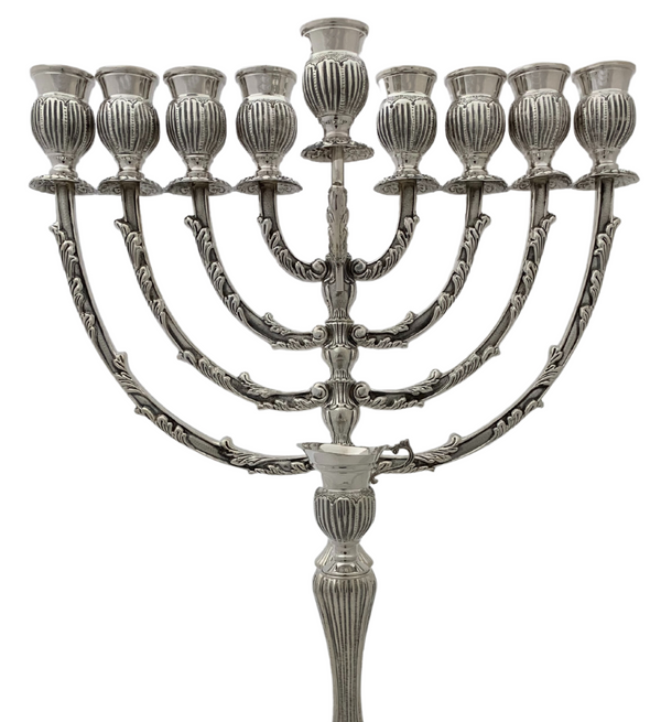 TALL 925 STERLING SILVER HANDMADE CHASED LEAF APPLIQUE STRIATED CHANUKAH MENORAH