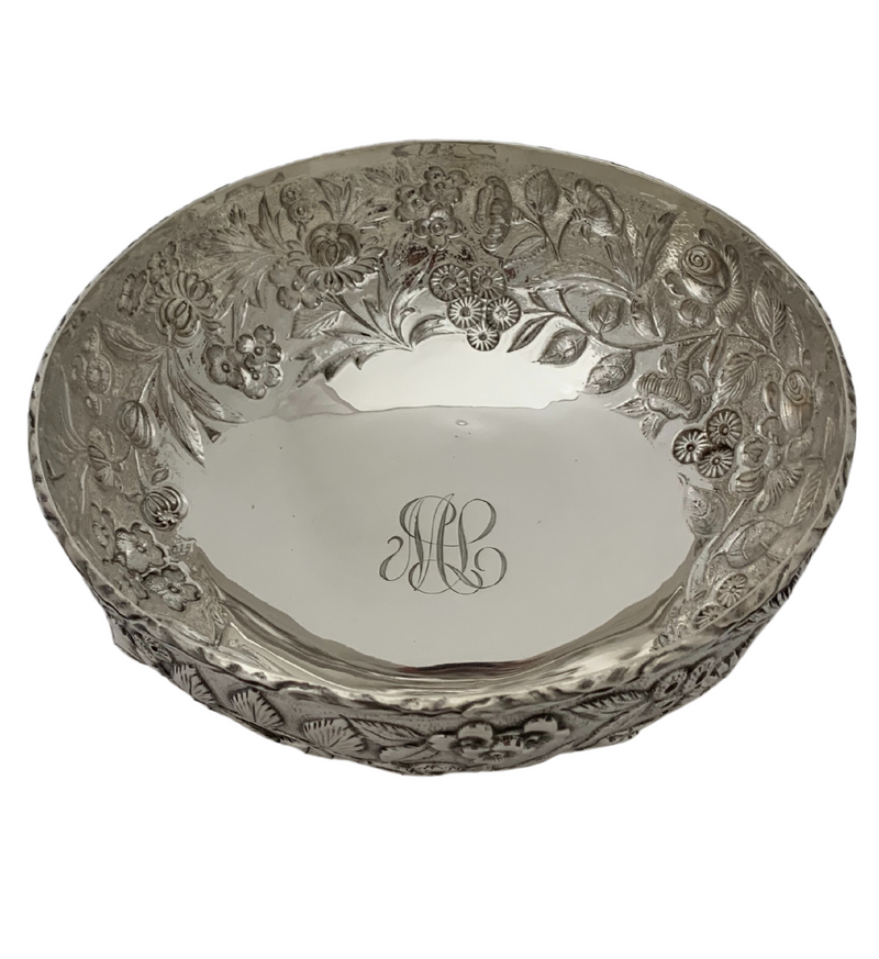 S. KIRK & SON 925 STERLING SILVER HANDMADE MONOGRAMMED FLORAL ORNATE ROUND BOWL