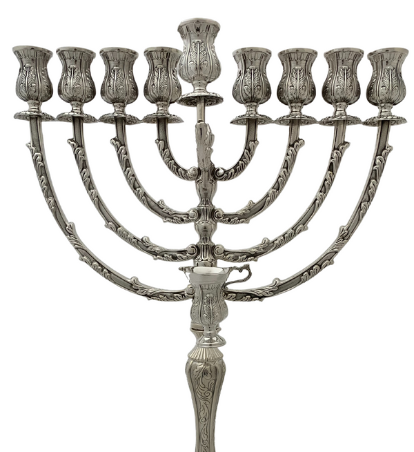 TALL 925 STERLING SILVER HANDMADE CHASED LEAF APPLIQUE ORNATE CHANUKAH MENORAH