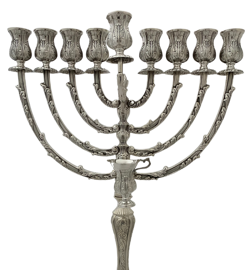 TALL 925 STERLING SILVER HANDMADE CHASED LEAF APPLIQUE ORNATE CHANUKAH MENORAH
