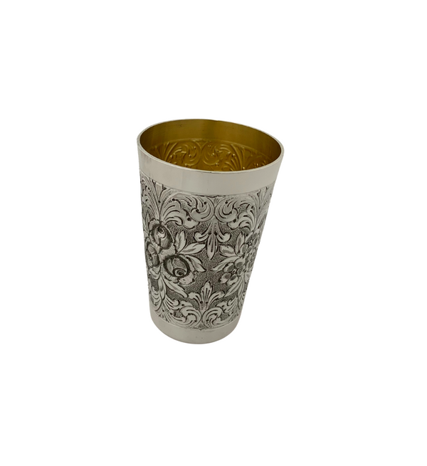ITALY 925 STERLING SILVER HANDMADE FLORAL SWIRL CHASED MATTE & SHINY CUP & TRAY