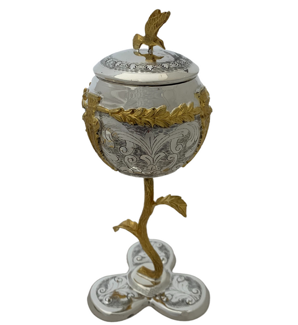 FINE 925 STERLING SILVER & GILDED HANDMADE CHASED SWIRL ORNATE RIZHIN CUP & TRAY
