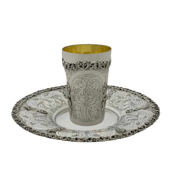 FINE 925 STERLING SILVER HANDMADE LEAF APPLIQUE CHASED SWIRL ORNATE CUP & TRAY