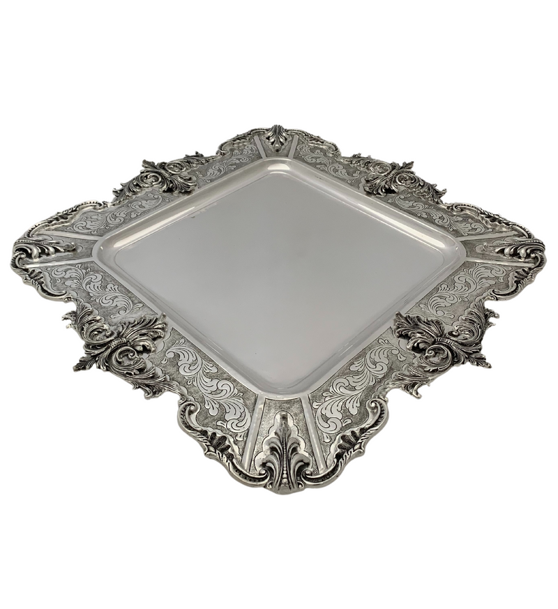 FINE 925 STERLING SILVER HANDMADE CHASED LEAF APPLIQUE MATTE & SHINY SQUARE TRAY