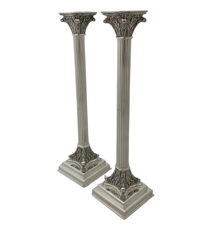 FINE TALL ITALIAN 925 STERLING SILVER HANDMADE FLORAL ORNATE COLUMN CANDLESTICKS