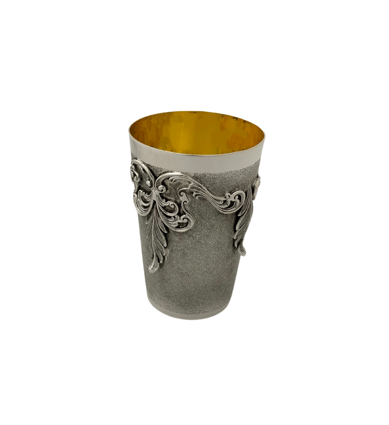 FINE 925 STERLING SILVER HANDMADE LEAF APPLIQUE ORNATE MATTE & SHINY CUP & TRAY