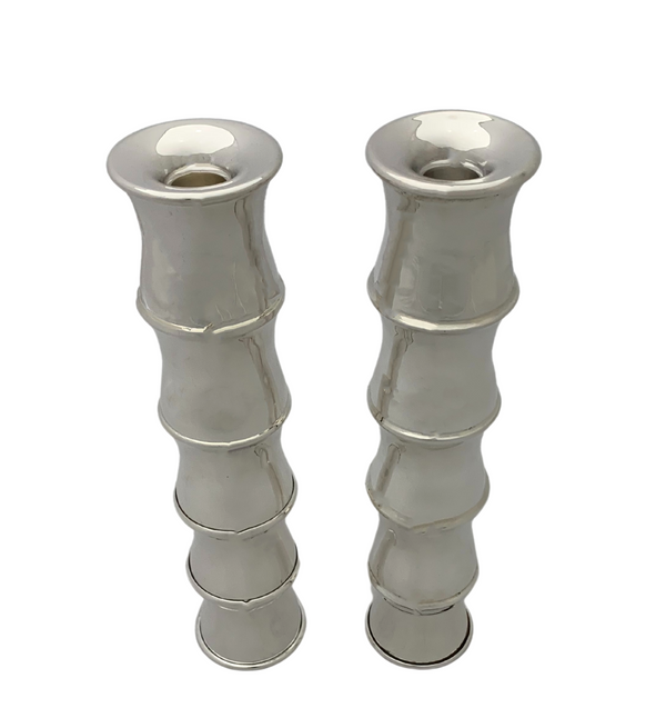 FINE ITALIAN 925 STERLING SILVER HANDMADE BAMBOO SHINY SLEEK VASE / CANDLESTICKS
