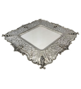 FINE 925 STERLING SILVER HANDMADE CHASED LEAF APPLIQUE MATTE & SHINY SQUARE TRAY