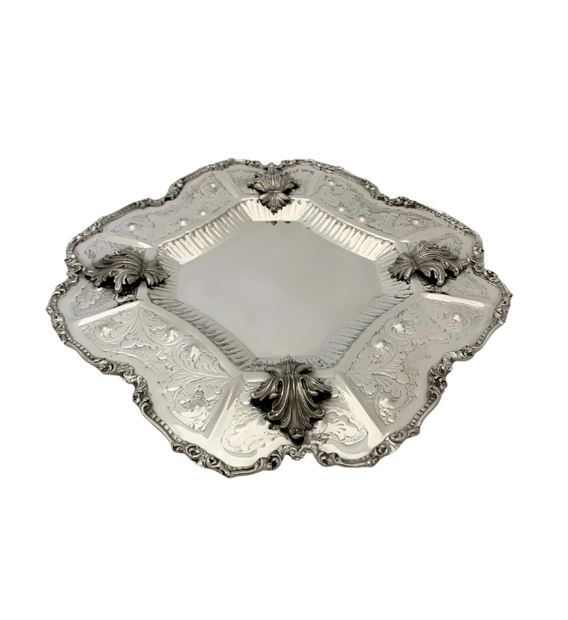 FINE ITALIAN 925 STERLING SILVER HANDMADE LEAF APPLIQUE SWIRL CHASED SQUARE TRAY