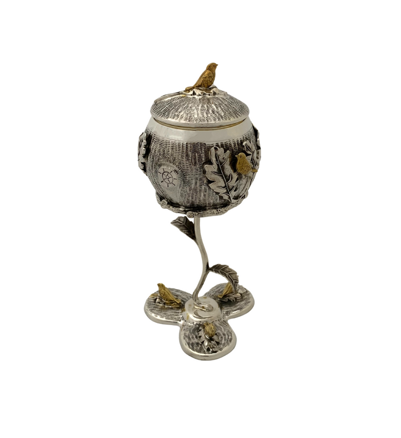 925 STERLING SILVER & GILDED HANDMADE MULTI BIRD LEAF APPLIQUE RIZHIN CUP & TRAY