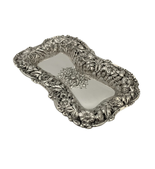 ANTIQUE 925 STERLING SILVER HANDMADE HEAVY REPOUSSE FLORAL ENGRAVED TRAY