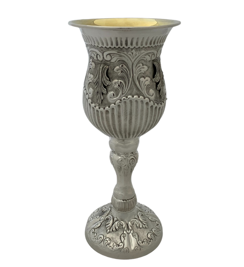 FINE 925 STERLING SILVER HANDMADE LEAF APPLIQUE STRIATED CHASED ELIYAHU CUP