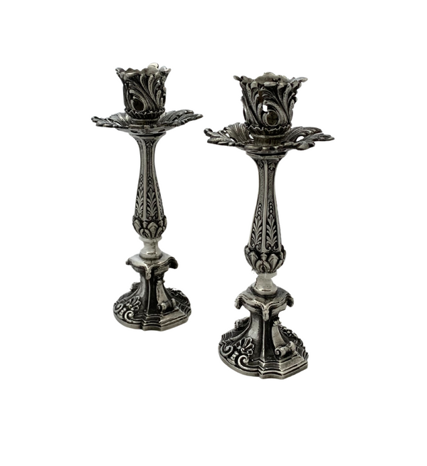 FINE ITALIAN 925 STERLING SILVER HANDMADE HEAVY ORNATE LEAF SHELL CANDLESTICKS