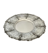 925 STERLING SILVER HANDMADE SWIRL LEAF APPLIQUE ORNATE MATTE SHINY ROUND TRAY