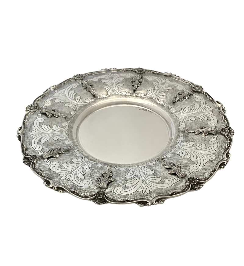 925 STERLING SILVER HANDMADE SWIRL LEAF APPLIQUE ORNATE MATTE SHINY ROUND TRAY