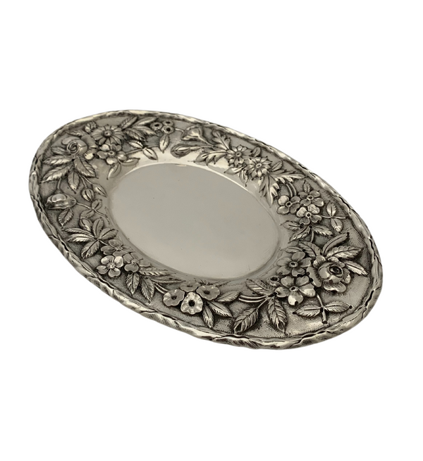 ANTIQUE S. KIRK & SONS 925 STERLING SILVER HANDMADE REPOUSSE FLORAL OVAL TRAY