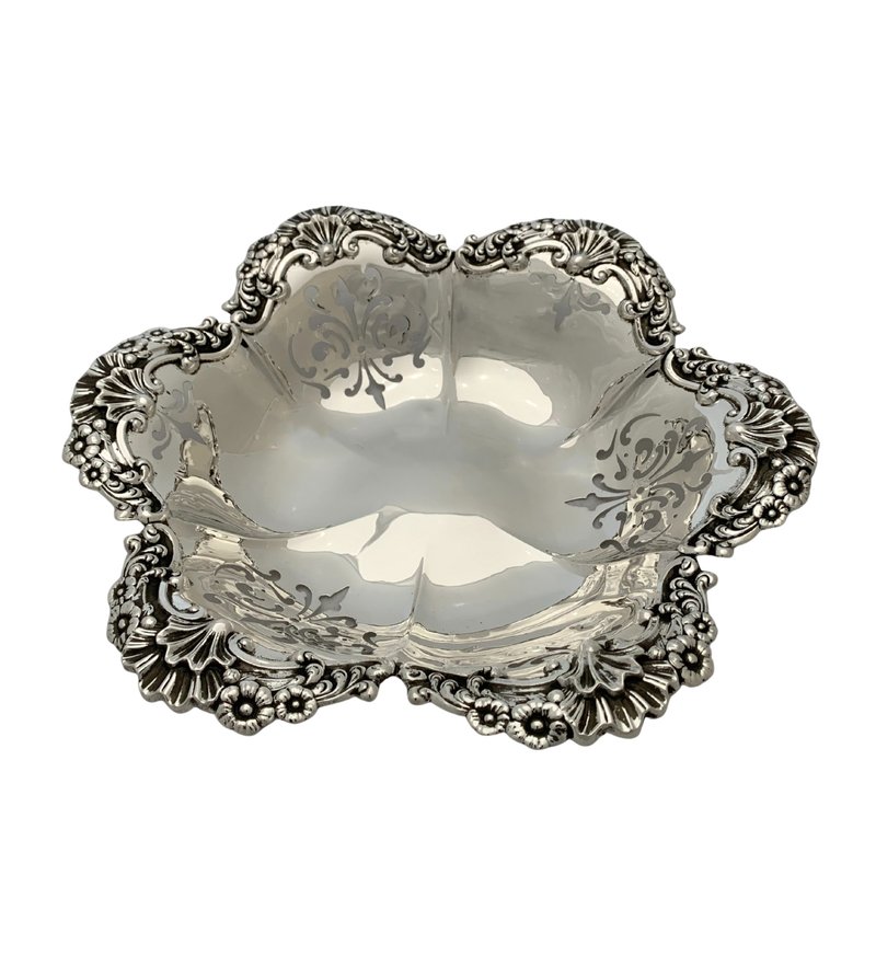 ANTIQUE SHREVE & CO 925 STERLING SILVER HANDMADE FLORAL ORNATE STAR BOWL DISH