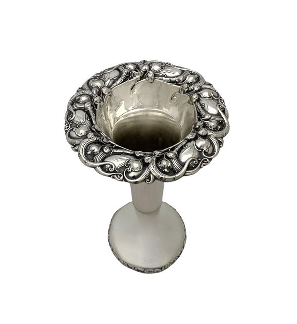 ANTIQUE 925 STERLING SILVER HANDMADE FLORAL LEAF ORNATE SHINY SLEEK FLOWER VASE