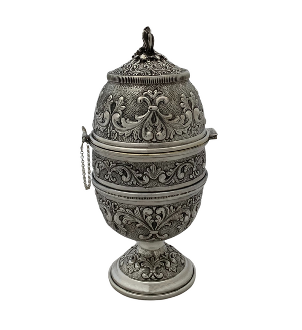 TALL ITALY 925 STERLING SILVER HANDMADE CHASED LEAF ORNATE STANDING ESROG BOX