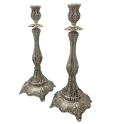 925 STERLING SILVER HANDMADE LEAF APPLIQUE CHASED SWIRL MATTE SHINY CANDLESTICKS