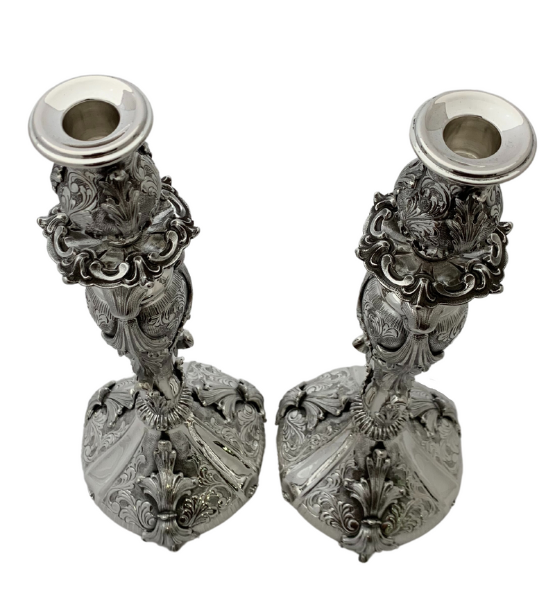 FINE ITALY 925 STERLING SILVER HANDMADE CHASED LEAF APPLIQUE ORNATE CANDLESTICKS