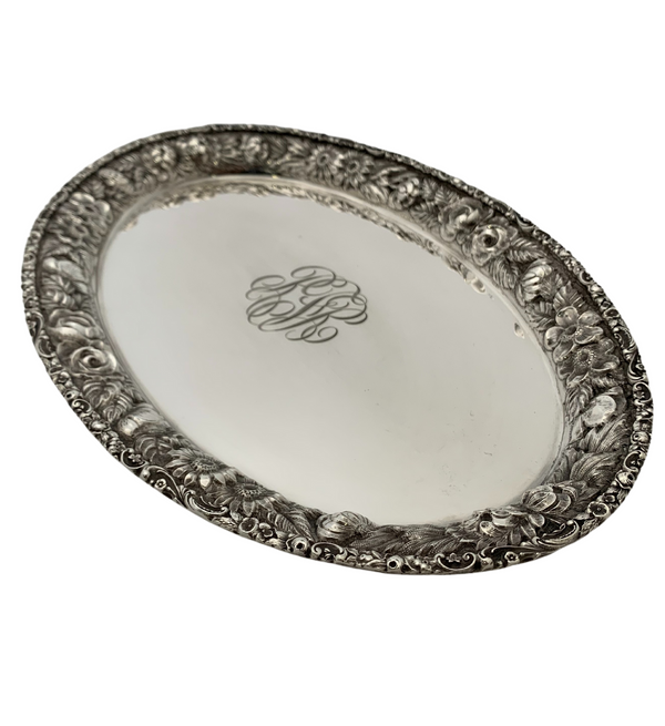 ANTIQUE STIEFF 925 STERLING SILVER HANDMADE FLORAL ORNATE SHINY SLEEK OVAL TRAY