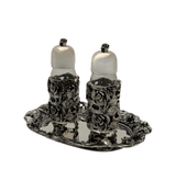 ITALY 925 STERLING SILVER HANDMADE FLORAL LEAF ORNATE SALT PEPPER SHAKER & TRAY