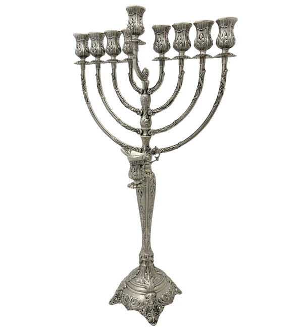 925 STERLING SILVER HANDMADE LEAF CHASED ORNATE MATTE & SHINY CHANUKAH MENORAH