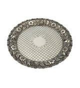 ANTIQUE 925 STERLING SILVER HANDMADE FLORAL REPOUSSE MATTE SHINY 8" ROUND TRAY