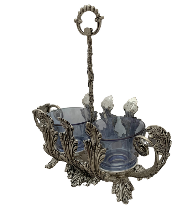 FINE ITALIAN 925 STERLING SILVER & BLUE CRYSTAL LEAF APPLIQUE DOUBLE SALT HOLDER