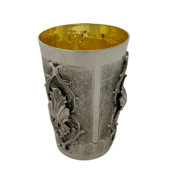 FINE 925 STERLING SILVER HANDMADE LEAF APPLIQUE ORNATE MATTE SHINY CUP & TRAY