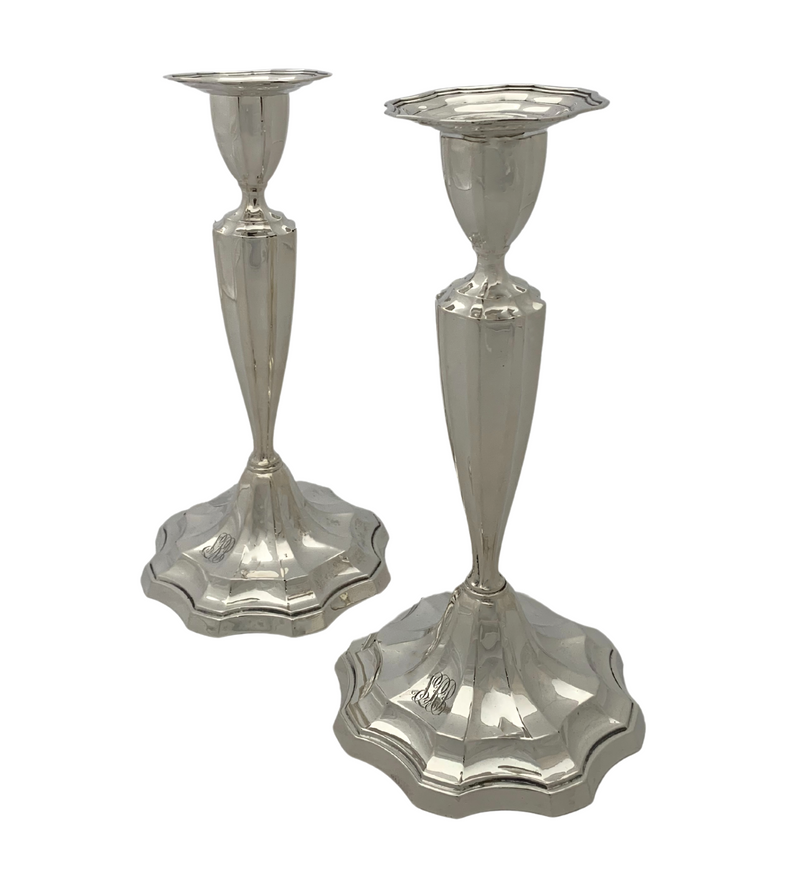 ANTIQUE 925 STERLING SILVER & CEMENT FILLED MONOGRAMMED SHINY SLEEK CANDLESTICKS