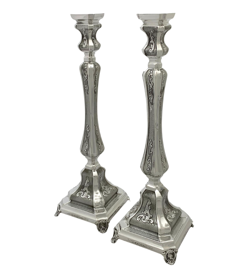 FINE 925 STERLING SILVER HANDMADE CHASED SWIRL LEAF ORNATE SQUARE CANDLESTICKS