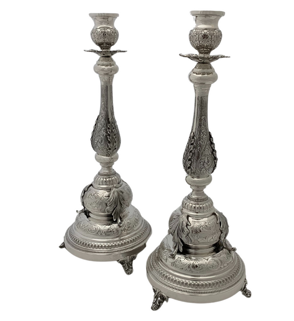 ITALIAN 925 STERLING SILVER HANDMADE CHASED LEAF APPLIQUE ORNATE CANDLESTICKS