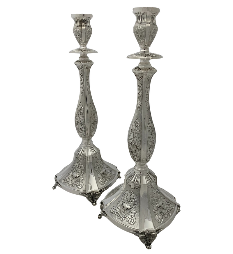 FINE 925 STERLING SILVER HANDMADE CHASED LEAF ORNATE MATTE & SHINY CANDLESTICKS