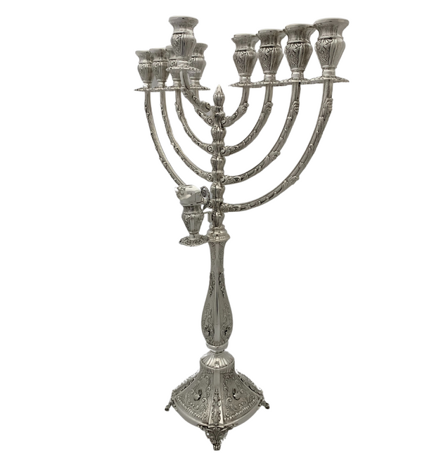 TALL 925 STERLING SILVER HANDMADE LEAF APPLIQUE CHASED ORNATE CHANUKAH MENORAH