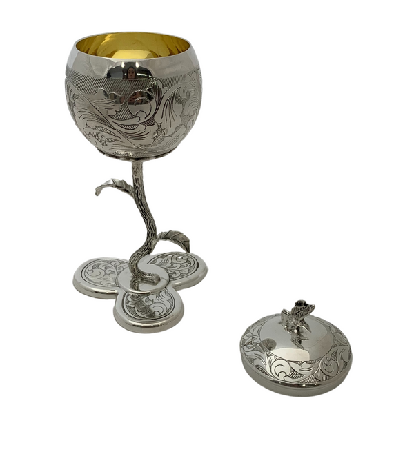 FINE 925 STERLING SILVER HANDMADE CHASED SWIRL LEAF APPLIQUE RIZHIN CUP & TRAY