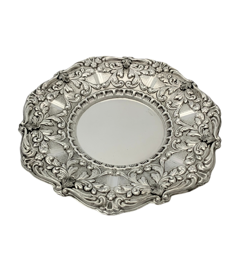 925 STERLING SILVER HANDMADE CHASED SWIRL LEAF APPLIQUES MATTE SHINY ROUND TRAY