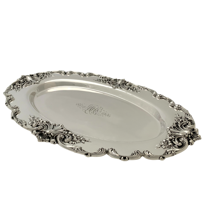 ANTIQUE AMERICAN 925 STERLING SILVER HANDMADE FOLIATE SCROLL OVAL PLATTER TRAY