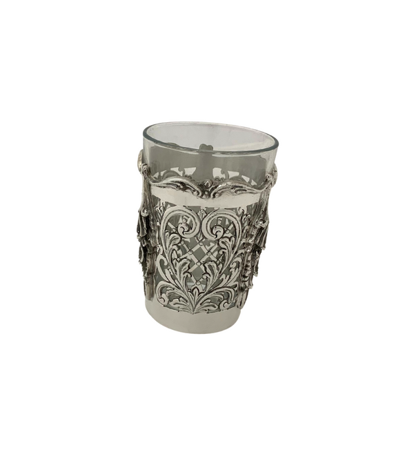 925 STERLING SILVER & GLASS INSERT HANDMADE LEAF CHASED FLUTED ORNATE CUP & TRAY