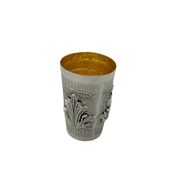 FINE 925 STERLING SILVER HANDMADE HEAVY LEAF APPLIQUE MATTE & SHINY CUP & TRAY