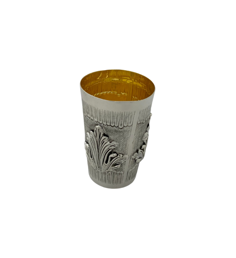 FINE 925 STERLING SILVER HANDMADE HEAVY LEAF APPLIQUE MATTE & SHINY CUP & TRAY