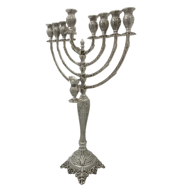 925 STERLING SILVER HANDMADE CHASED LEAF APPLIQUE ORNATE MATTE & SHINY MENORAH