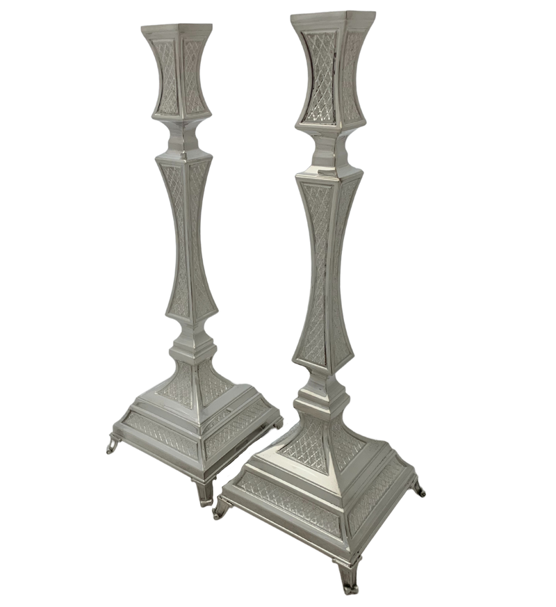 FINE 925 STERLING SILVER HANDMADE MODERN DIAMOND CUT SHINY SLEEK CANDLESTICKS