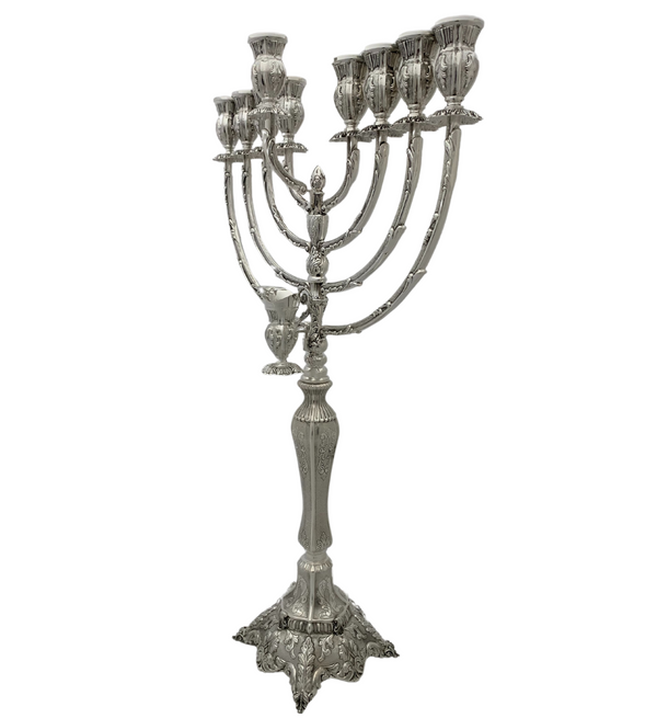 925 STERLING SILVER HANDMADE CHASED LEAF APPLIQUE ORNATE MATTE & SHINY MENORAH