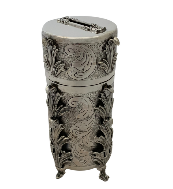 FINE 925 STERLING SILVER HANDMADE CHASED SWIRL LEAF ORNATE APPLIQUE TZEDAKA BOX